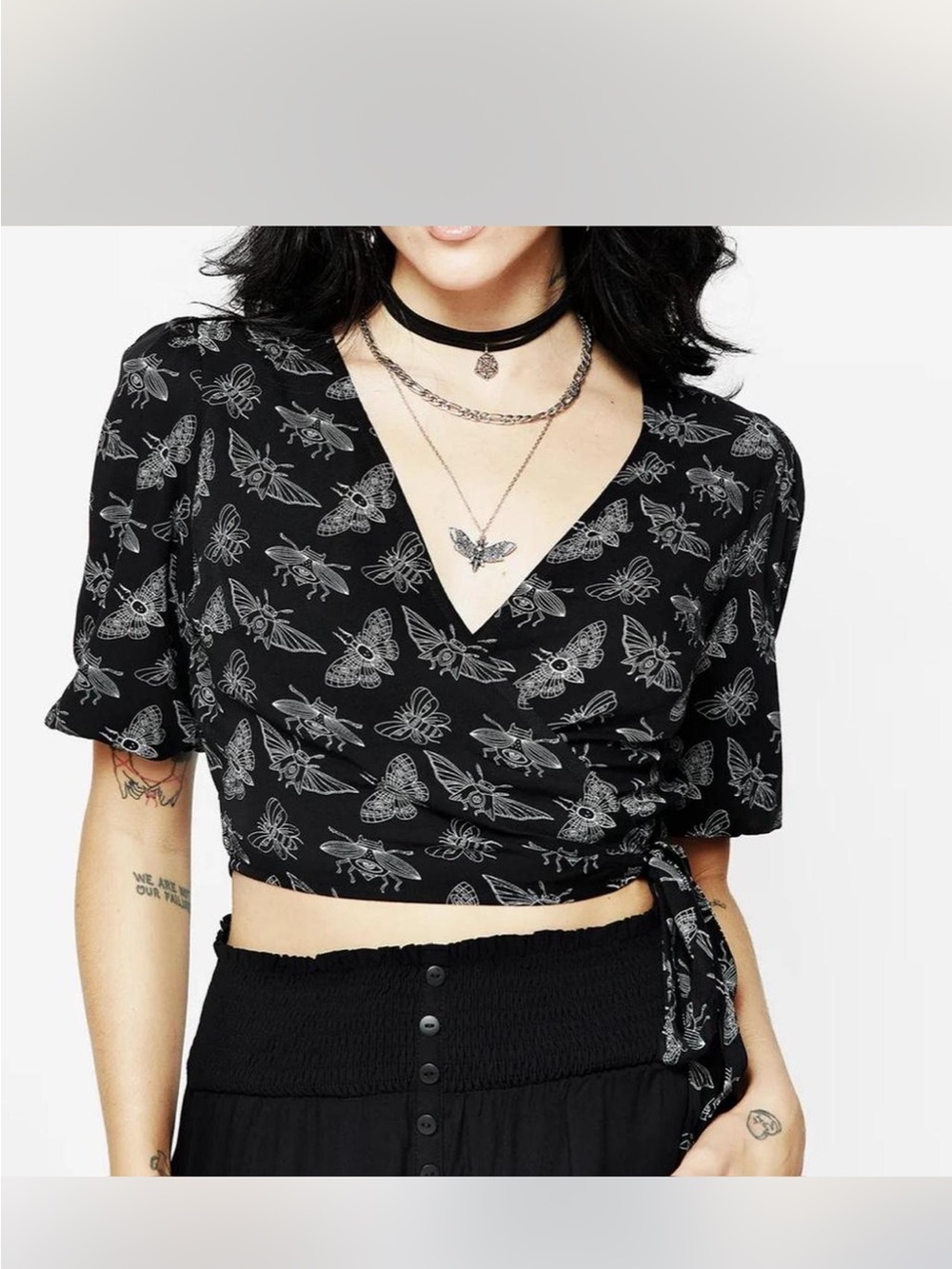 Disturbia Black Butterfly Wrap Crop Top